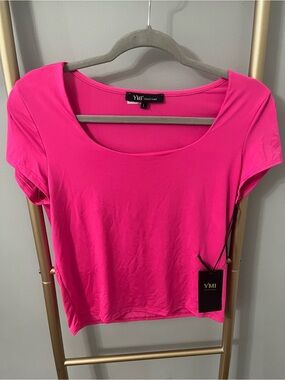 MI Collections Neon Pink Scoop Neck Crop Top | Size Large | NWT